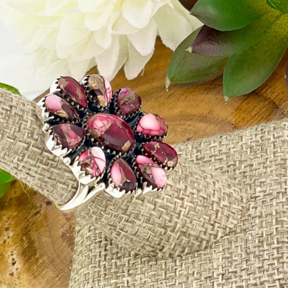 Pure Sterling Silver 925 Red Dahlia Turquoise Cluster Ring Size 7 Navajo Style - Picture 7 of 12